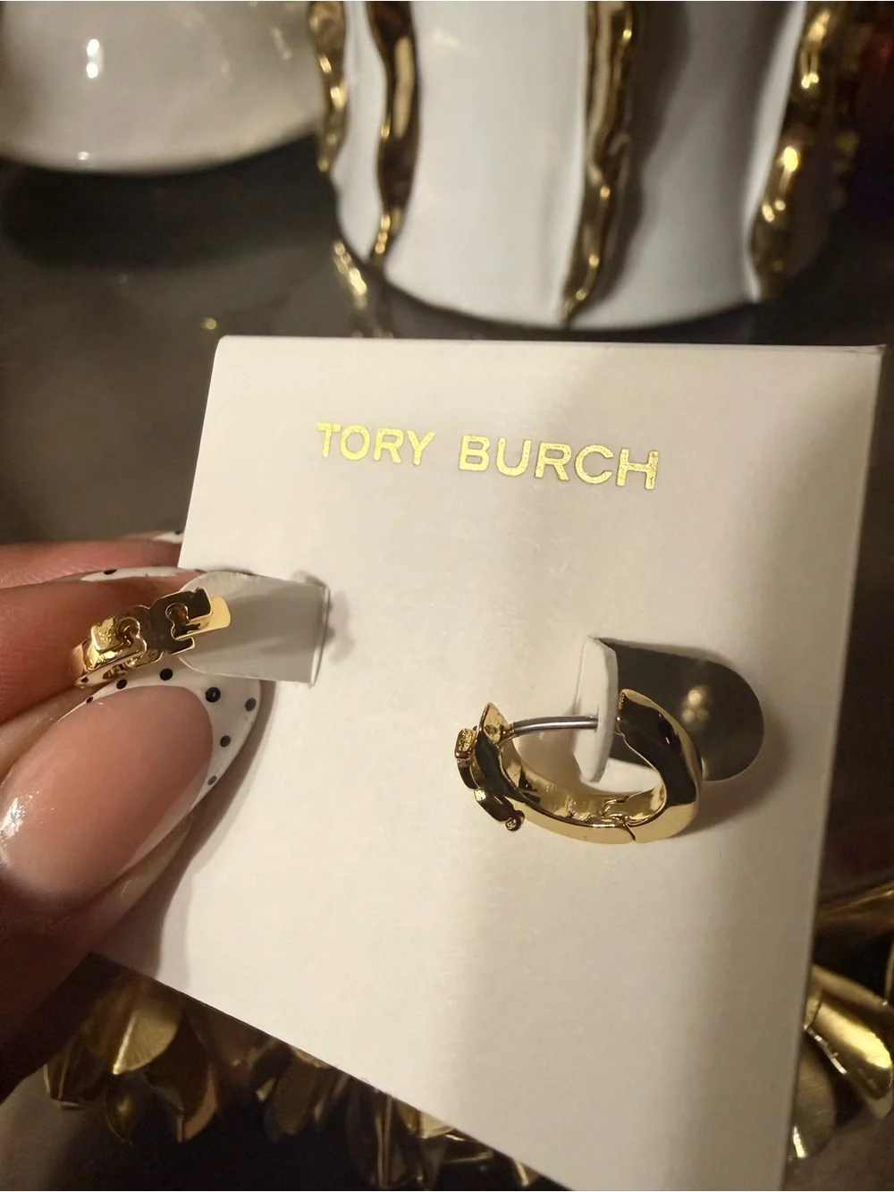 Tory Burch Polished Gold Logo Hoop Huggie Earrings